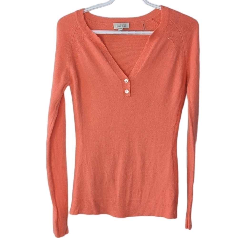 Kinross 100% cashmere v neck sweater coral red XS @i1